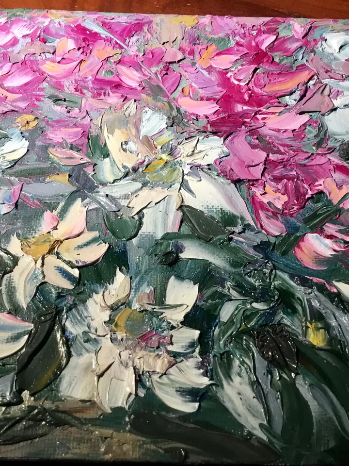 Pink and white flowers fantasy painting ,original oil impasto painting on small canvas board ,wall decoration,small gift.