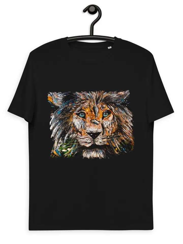 Unique design Lion Unisex organic cotton t-shirt made from  my original mix media artwork on glass,wild animals t shirts, wearable art gifts