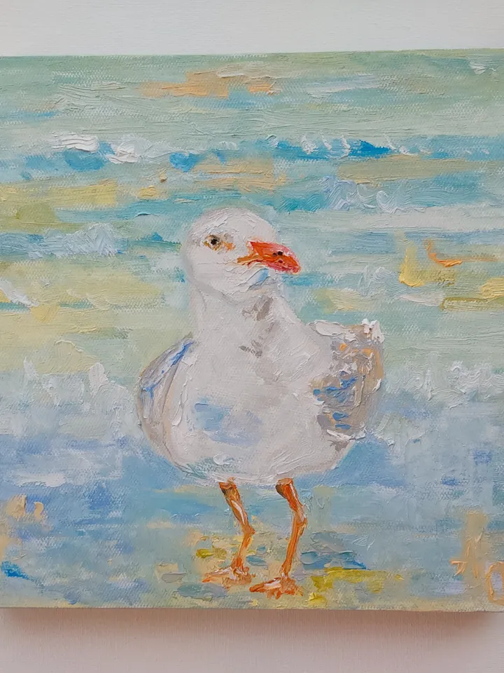 Oil painting on canvas 20x20cm (8x8 inches) "Seagull and sea"