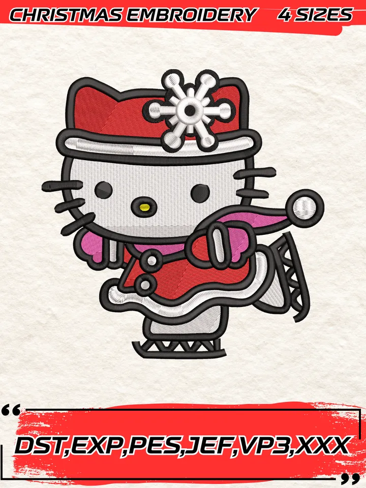 Hello Kitty Ice Skating Embroidery Design, Christmas Dance Embroidery Digitizing File,4 Sizes, Digital Download