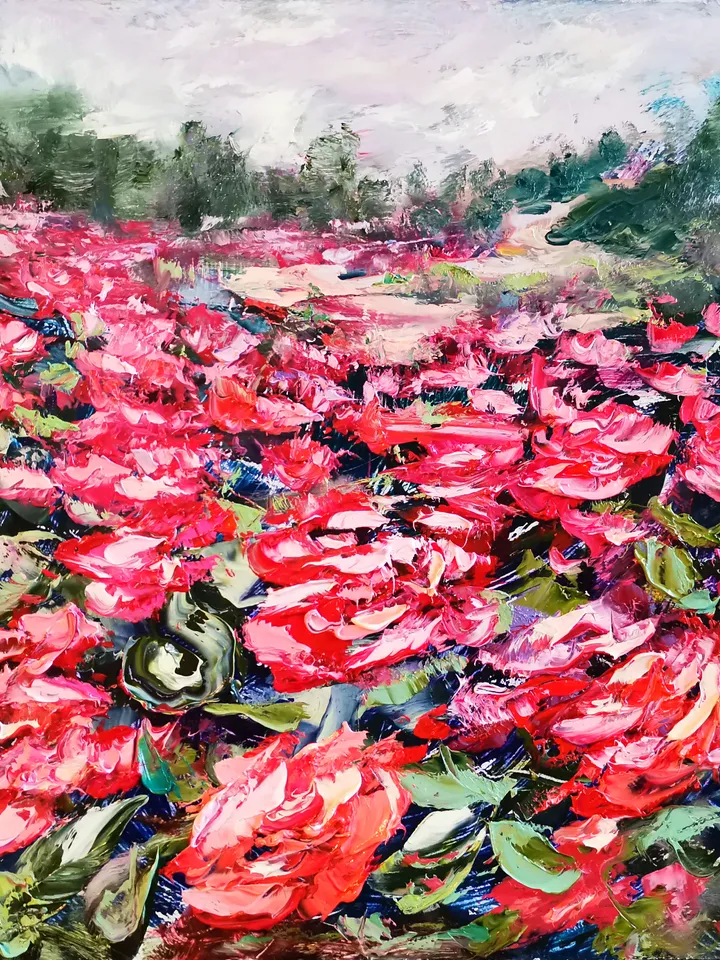 Oil Painting Flower Rose Bushes Trail Landscape Impasto Original Artist Svinar Oksana