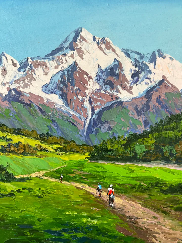 Original oil painting on stretched canvas mountain landscape green ...