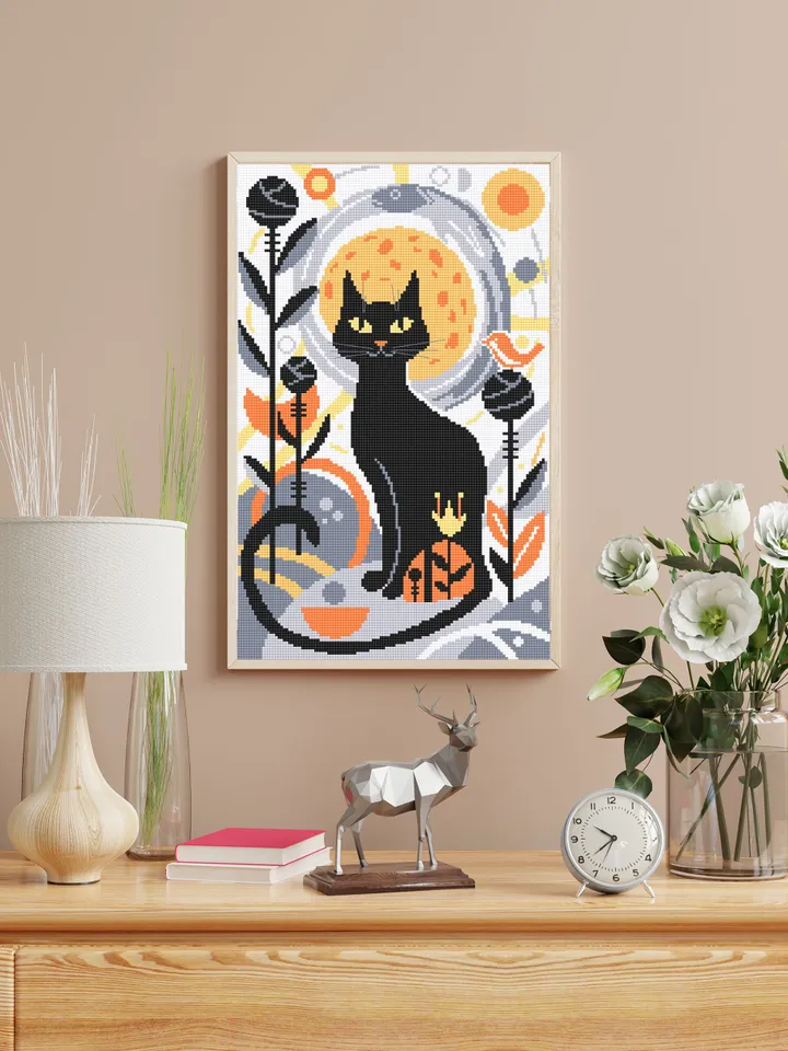 Boho cat cross stitch pattern PDF download Boho cross stitch chart, Abstract pattern digital PDF, Black cat embroidery, Boho wall decor #K21
