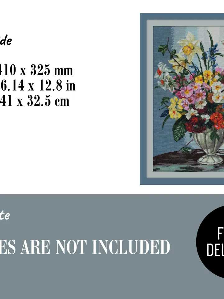 Still Life Floral Wall Art Decor, Finished Cross Stitch, Flower Vase Embroidery Art Print, Botanical Wall Art