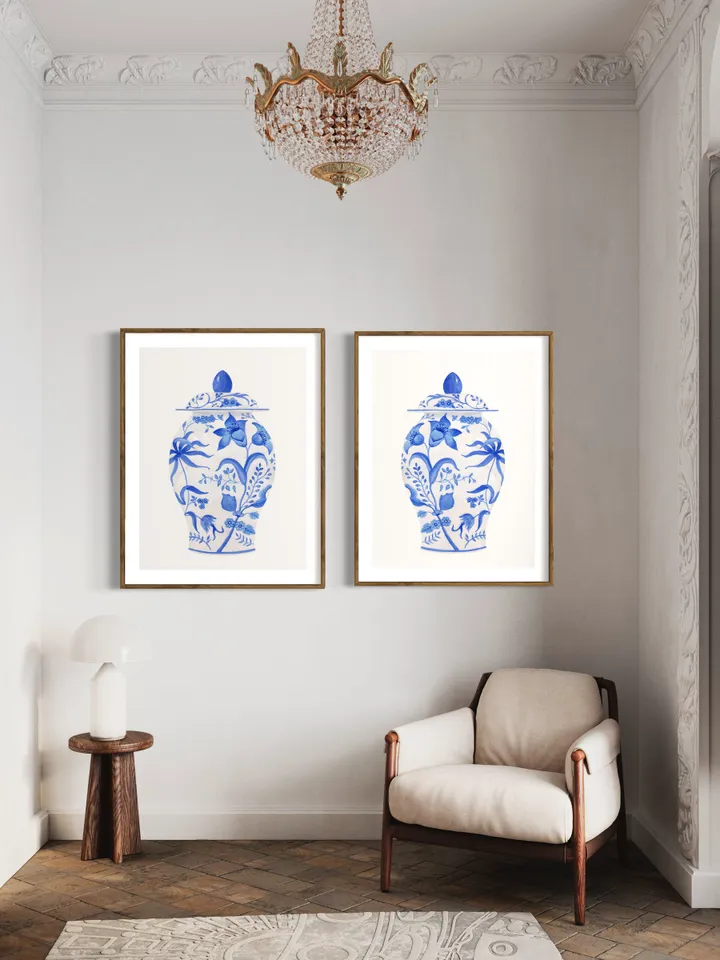 Blue Chinoiserie Vase Set Of 2 Wall Art, Ginger Jar Wall Art, Blue And White, Chinoiserie Chic, Vintage Art Print, Vase Still Life