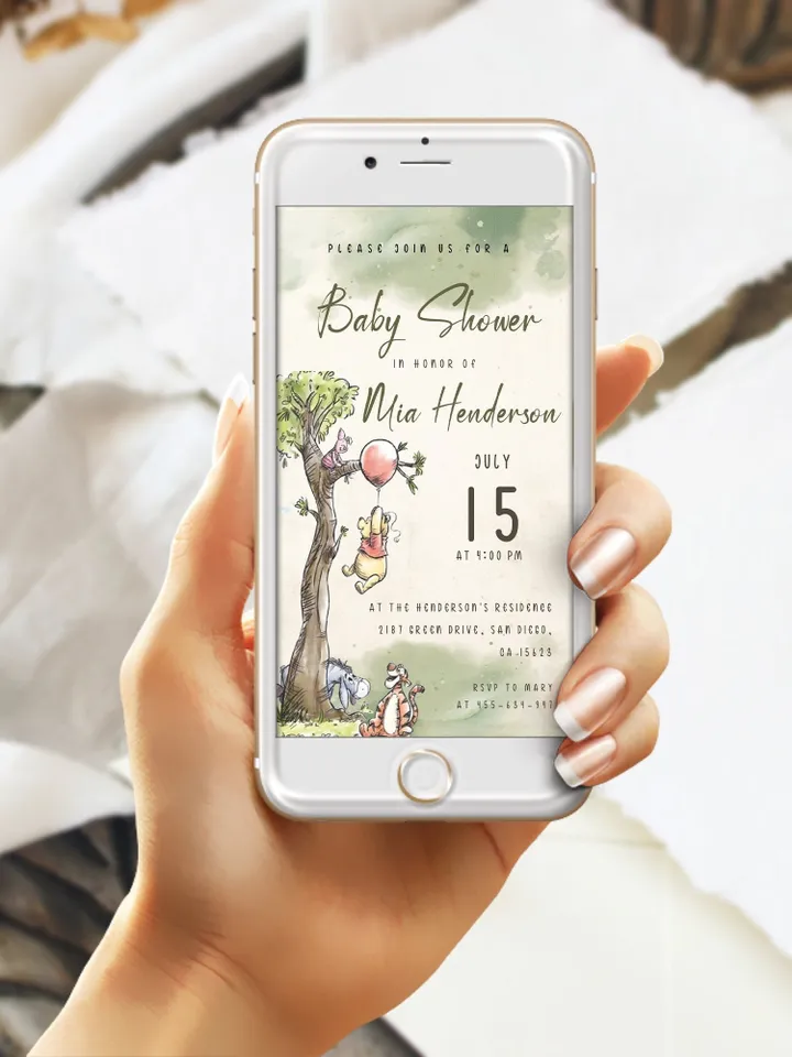 Classic Winnie Pooh Baby Shower smartphone invite; Winnie Baby Shower evite; Greenery Baby Shower evite; Honey Bear evite editable template