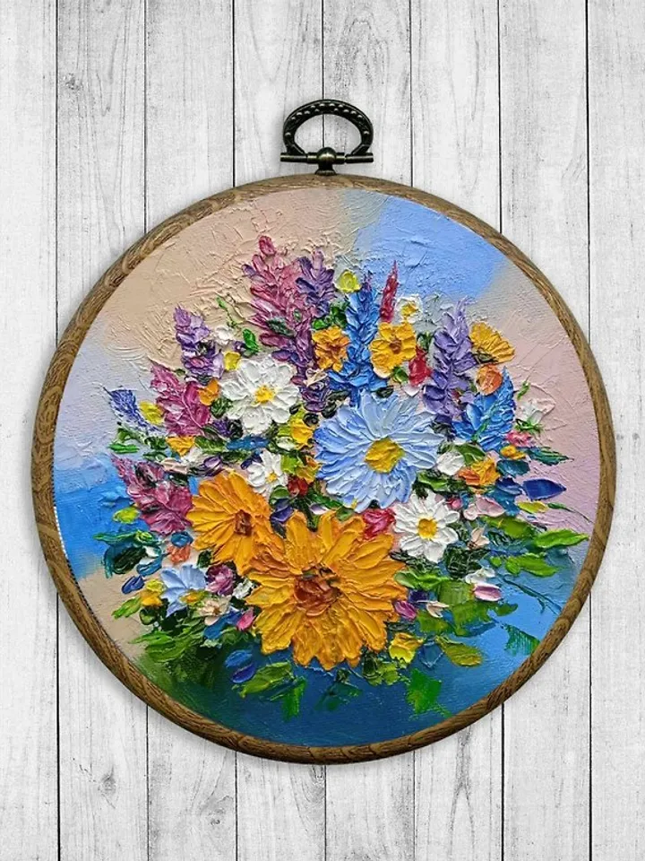 Round Oil Painting Bright Flowers Chamomile Sunflowers Miniature Impasto d.18 cm