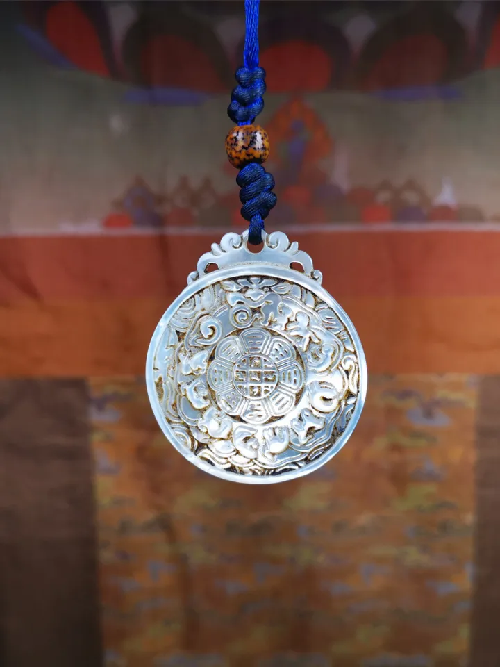 Antique Tibetan Buddhist Calendar Badge,Shell Carved Sipaho - Melong Mirror - Astrology Amulet Pendant - Protection & Feng Shui Decor