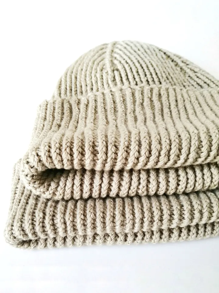 Handmade Merino Wool Men's Beanie: Ribbed Knit, Seamless Comfort, Fisherman Style, Cozy and Warm Hat with Fold-up Cuff. FREE SHIPPING!