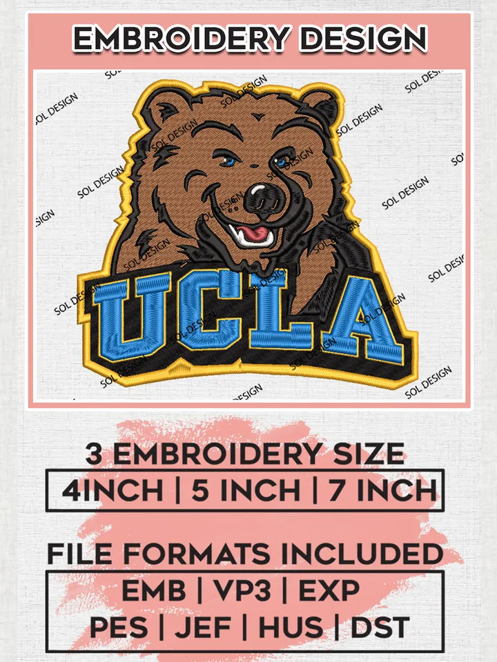 UCLA Bruins NCAA Team Mascot Logo Embroidery Design Files, NCAA UCLA Bruins Machine Embroidery, NCAA Teams, 3 sizes, NCAA Machine embroidery designs, Digital Download