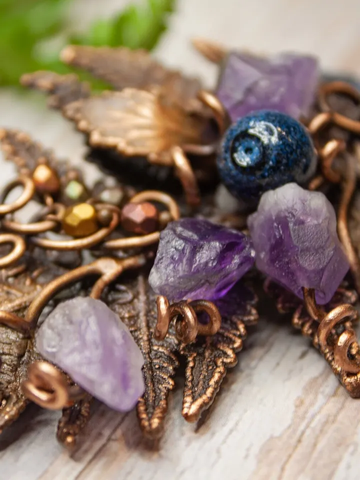 Copper handmade fern leaf brooch, amethyst buds, blueberry beads, nature jewelry, forest bunch, great gift for her, electroforming