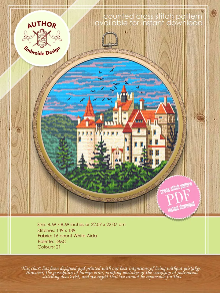 Dracula's Castle cross stitch pattern download PDF Old Bran castle embroidery PDF, Nature landscape cross stitch Medieval castle picture #C4