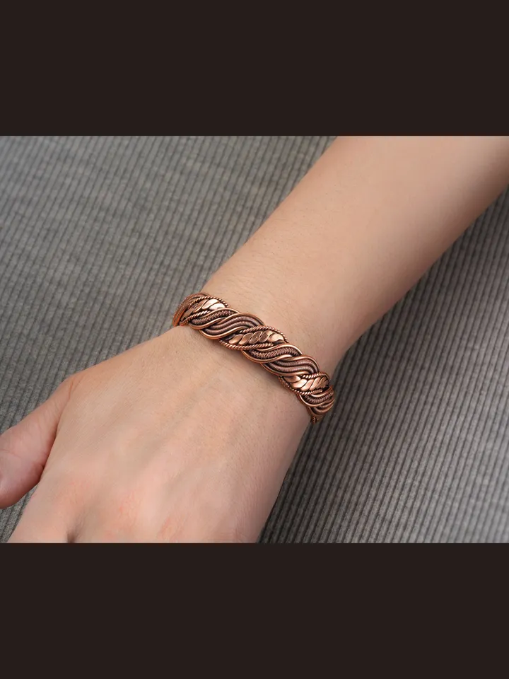 Wire wrapped bracelet, Unique 7th 22nd Wedding Anniversary gift idea, Art Nouveau antique style, One of kind braided statement bangle, Pain relief, EMF protection, Hippiу accessory, Handmade oxidized pure copper woven wire elven jewelry