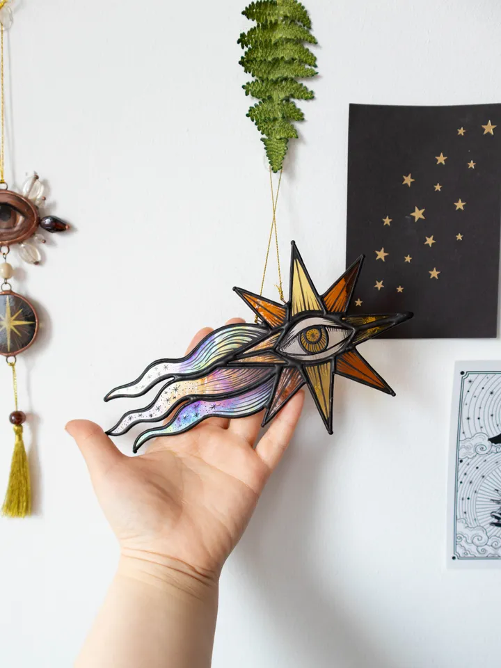 Stained glass ornament, Celestial home decor, Star Art