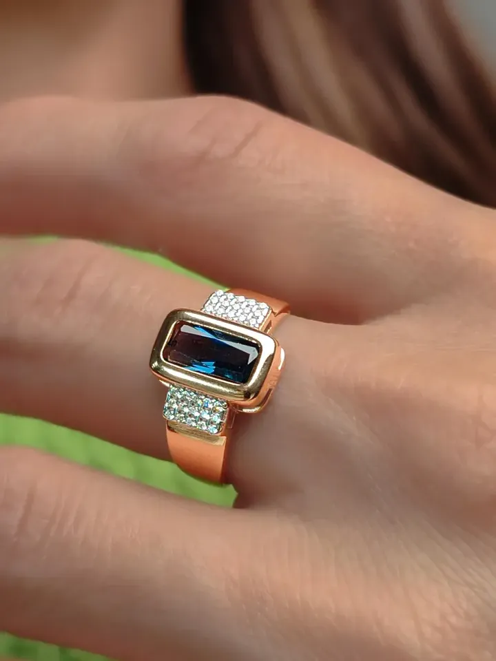 Ring silver 925 gold plated with London topaz and cubic zirconia