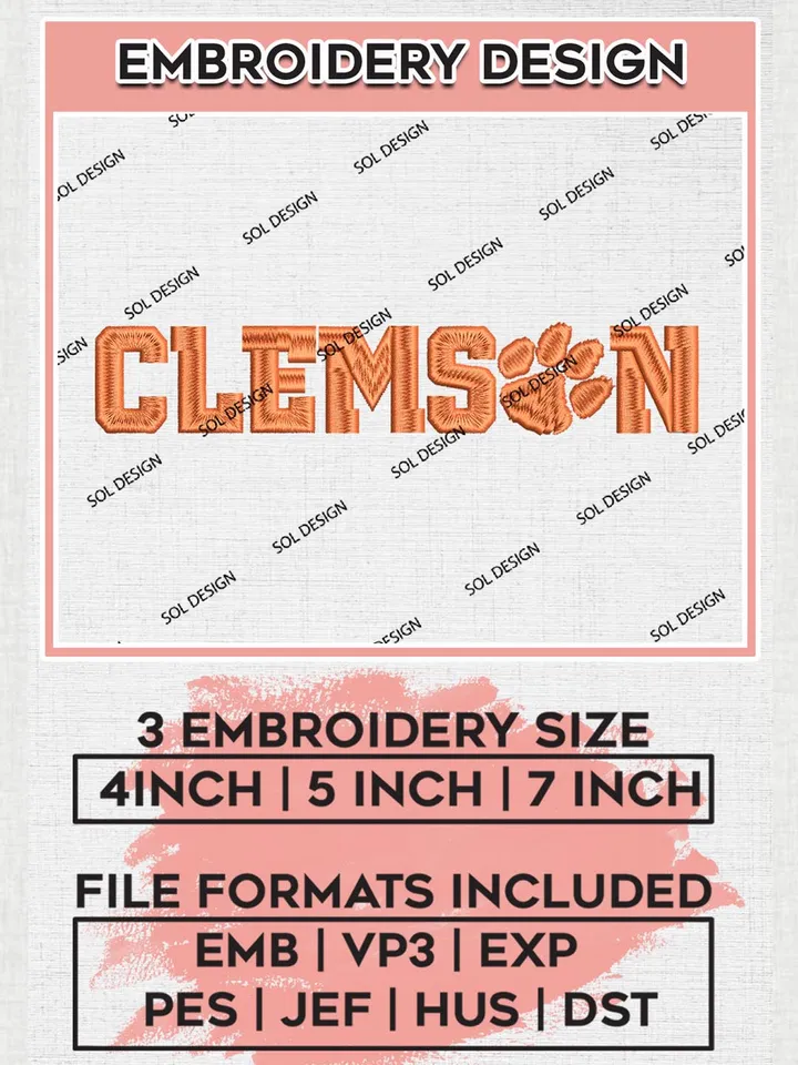 NCAA Clemson Team Word Logo Embroidery Design Files, NCAA Clemson Tigers Machine Embroidery, NCAA Teams, 3 sizes, NCAA Machine embroidery designs, Digital Download