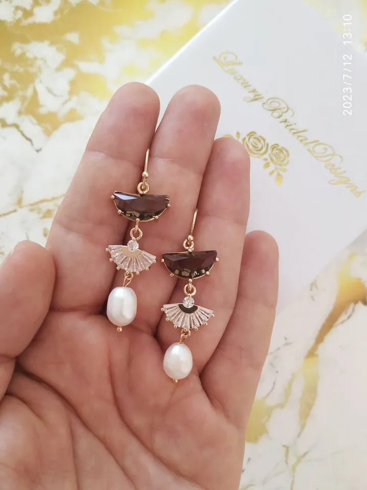 Art deco Wedding Earrings For Bride, Freshwater Pearl Boho Bridal Earrings, Vintage Style, Statement Earrings, Fan Earrings, Boho Jewelry