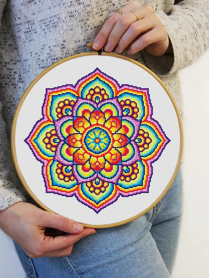 Bright mandala cross stitch pattern download PDF Colorful flower mandala ornament cross stitch chart, Mandala pattern digital PDF #M13
