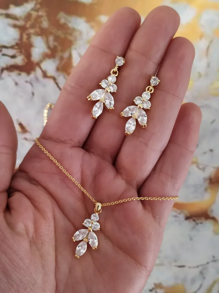 Bridal Necklace Set, Gold Diamond Wedding Earrings, CZ Bridal Earrings, Vintage Style Rose Gold Bridal Jewelry, Art Deco Bridal Earrings,