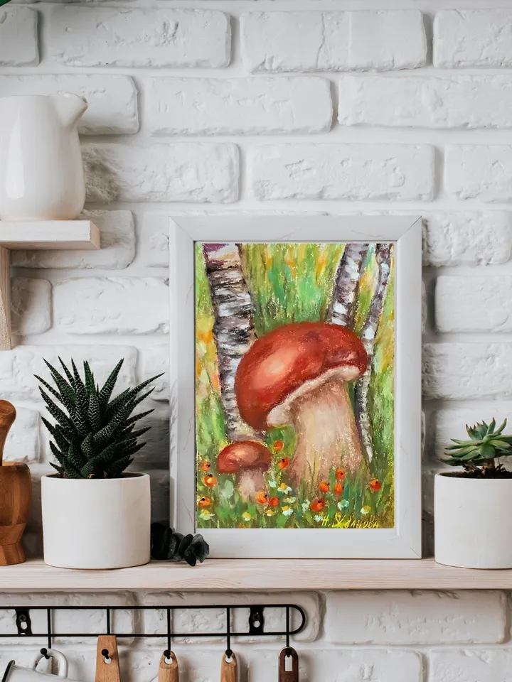 Mushroom painting original art, Pastel mushroom drawing, mini mushroom painting