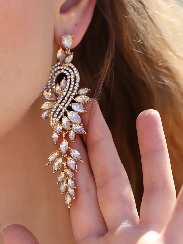 Champagne Gold Bridal Earrings statement Boho Earrings Boho Wedding Earrings Gold leaf earrings Long Brodal Earrings Boho Bridal Earrings