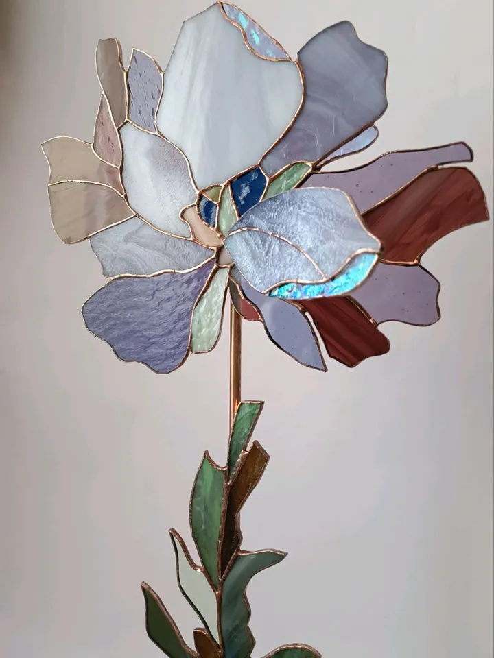 Peony. Stained Glass on a Stand, Peony Stained Glass Sculpture, Peony Tiffany Glass Panel on a Stand, Decorative Peony Glass Flower on a Brass Base, Peony Art Glass on Cast Stone Stand, Peony Stained Glass Decor Piece