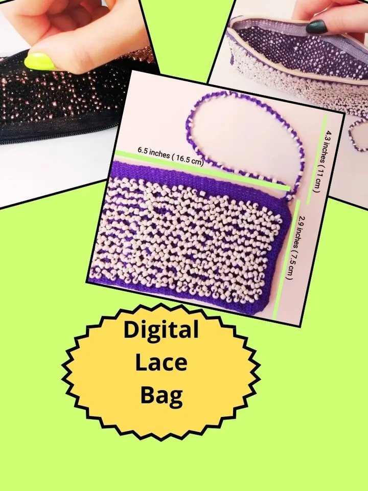 Pattern handbag with beads woven on bobbins. Fashionable accessory.