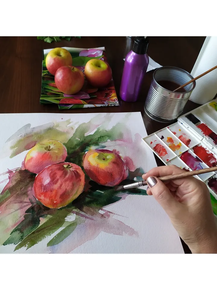Apple Painting Fruit original art Three Red Apples watercolor wall art Apples artwork by Natalia Plotnikova