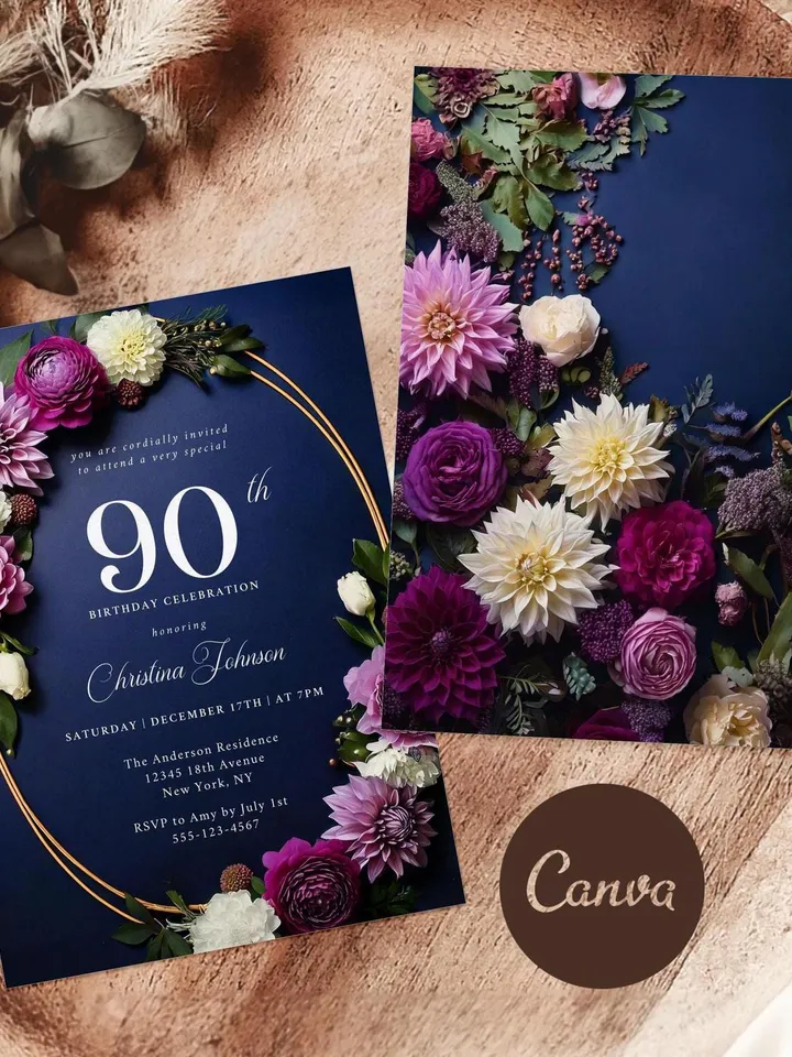90th Birthday Party Invitation Canva Template for Mother Grandma, Moody Purple Flowers Navy & Gold, 90 Years Loved, Digital Invite