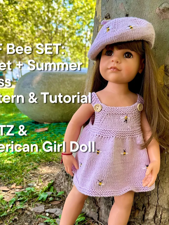 Bee Set KNIT PATTERN Summer dress & beret for Gotz and American Girl Dolls / 18-inch doll clothes pattern PDF english cute