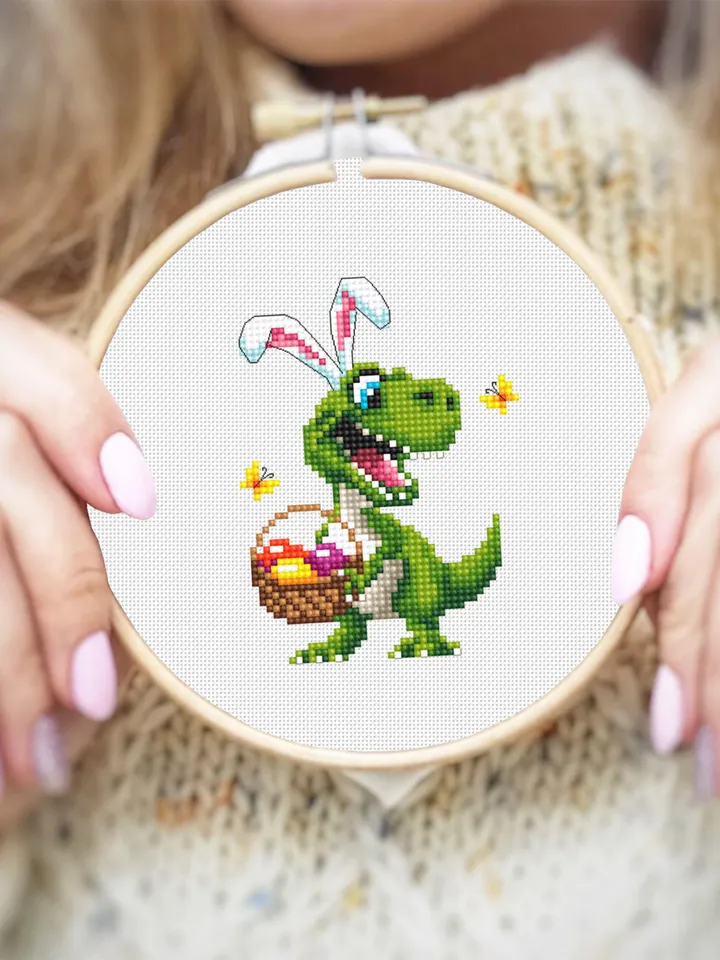 Funny dinosaur easter cross stitch pattern PDF download, Set of 2 small dinosaur cross stitch chart, Cute dino pattern digital PDF #T31