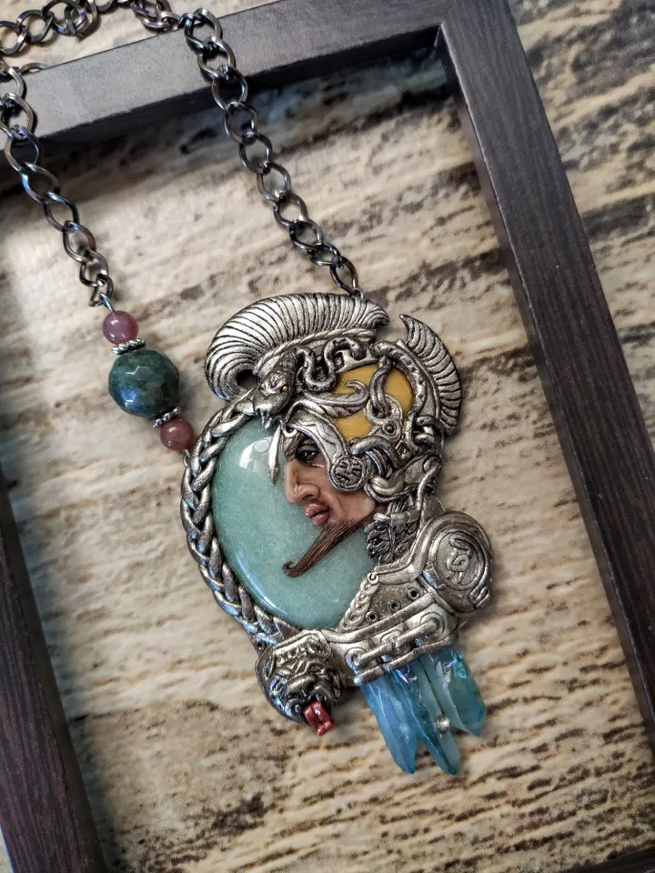 Aztec Warrior Necklace, Warrior Cameo, Aventurine Necklace, Silver Art Necklace