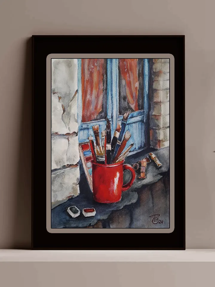 Watercolor painting.
Still life of the artist. Red mug and brushes 21x30 cm (8.3 х 11,7 inches)