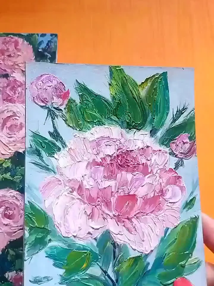 Small oil painting on cardboard portrait of a peony flower Pink flower in impasto painting, unique gift flowers wall art Floral wall décor