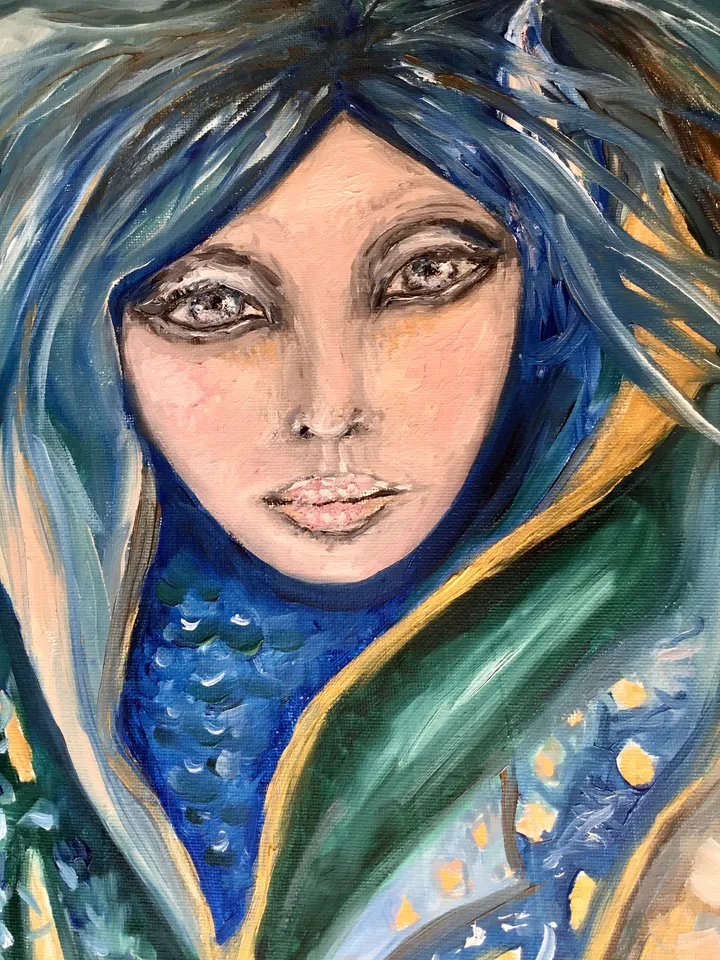 Blue nimpth-Mermaid original oil painting on canvas,one of a kind blue water nimph painting ,seamaid wall art,fantasy woman painting.