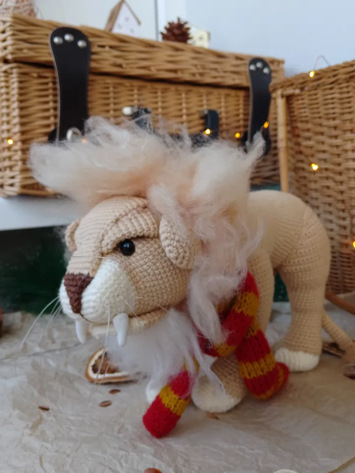 Soft toy lion in a scarf Gryffindor. Harry Potter symbol. Gift for Harry Potter fans. Stuffed lion toy for gift