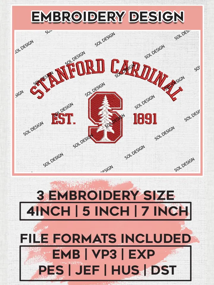 Stanford Cardinal Est Logo Embroidery Designs, NCAA Stanford Cardinal Team Embroidery, NCAA Team Logo, 3 sizes, Machine embroidery Files, Digital Download