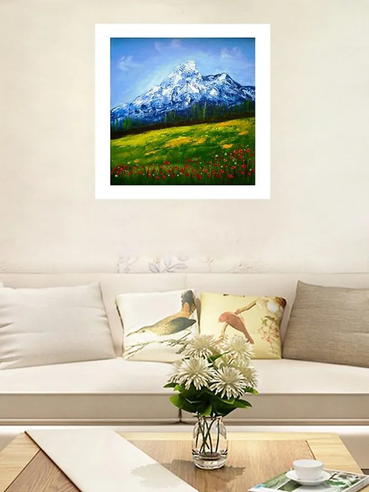 Landscape Rocky Mountains Red Poppies Flower Fields Original Oil painting