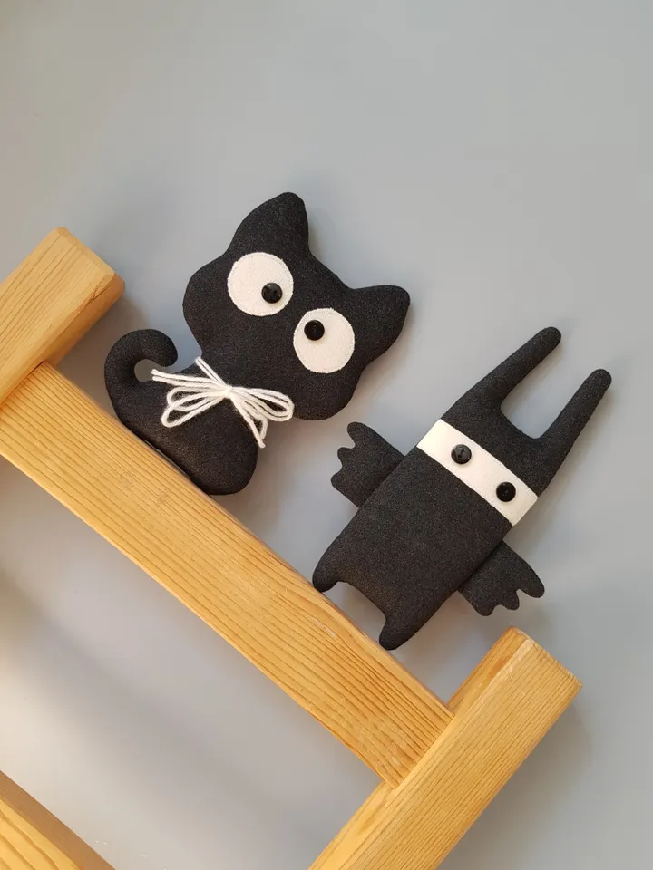 Black cat pattern PDF for sewing Halloween doll, digital tutorial in english