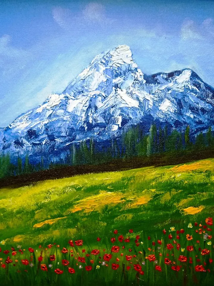 Landscape Rocky Mountains Red Poppies Flower Fields Original Oil painting