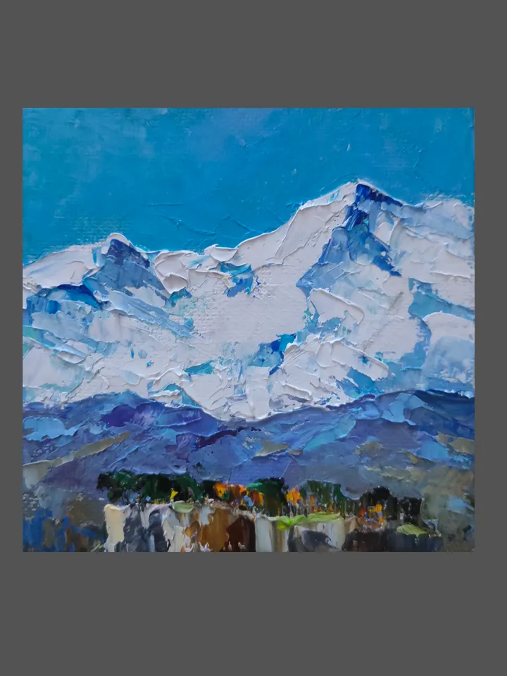 Original Oil Painting Mountain Landscape Wall Art Impasto Artwork Painting in Frame Canvas Painting 4 by 4 inches by Natalia