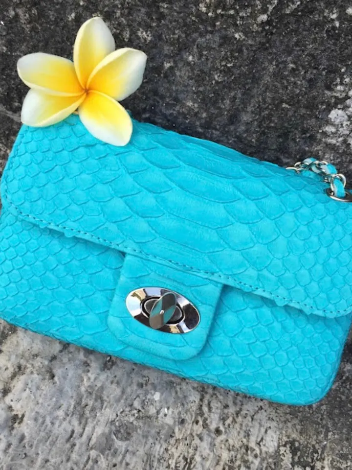 Genuine Python Skin Turquise Crossbody Bag | Adjustable Chain Classy Elegant snake Crossbody Small Lady Summer Bag | Blue Aqua Python Purse