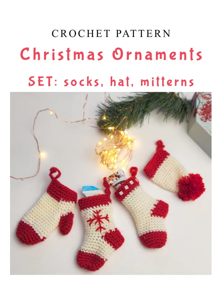 Complete Christmas Crochet Set: Mini Mittens, Stocking, and Hat with Pom-Pom