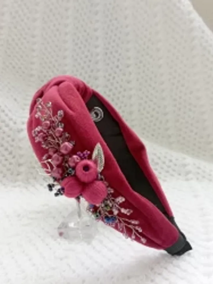 Magenta tie headband for women, beaded crystal headband, velvet embroidered headband, embellished headband, turban headband