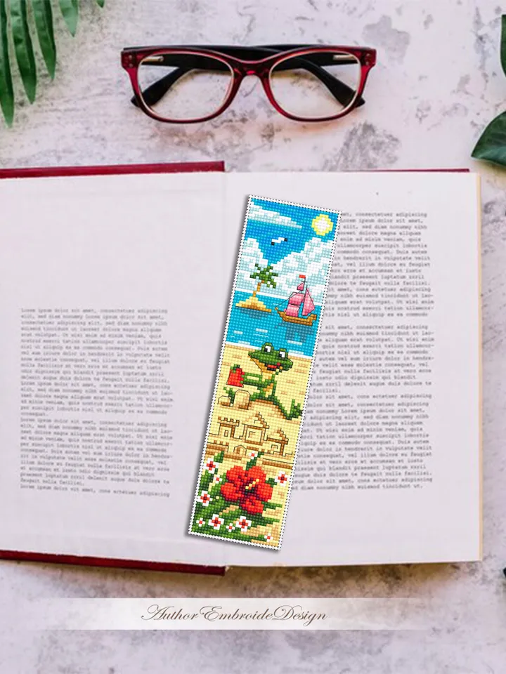 Summer bookmark cross stitch pattern PDF download Funny frog cross stitch chart, Beach bookmark pattern digital PDF, Sand castle #B450