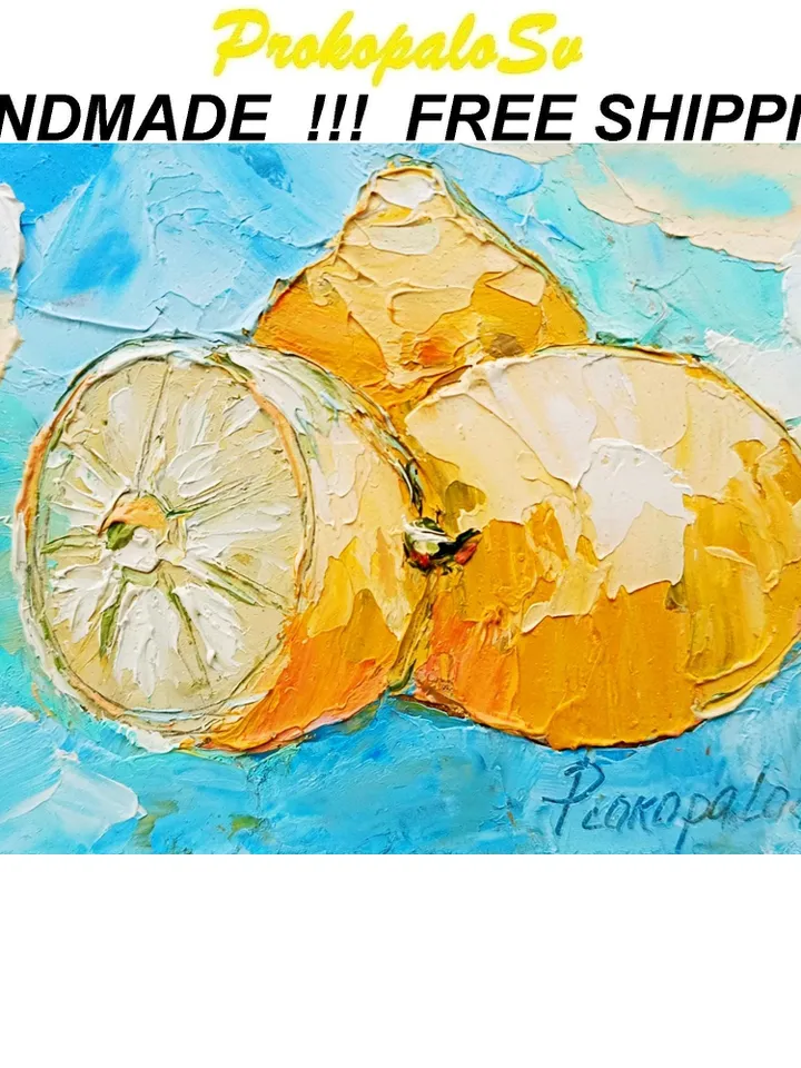 Lemon Painting Fruit Original Art Impasto Painting 6x4 Still Life Wall Art Small Painting Citrus Artwork Gifs by ArtProkopaloSv
