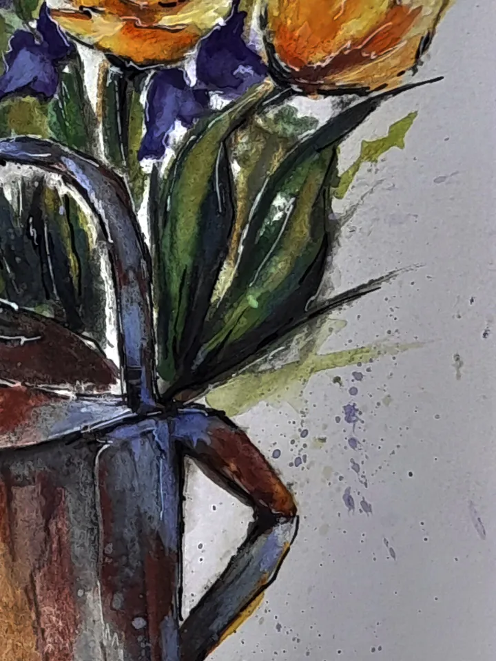 Watercolor painting Watering can with flowers 21x30 cm (8.3 х 11,7 inches)