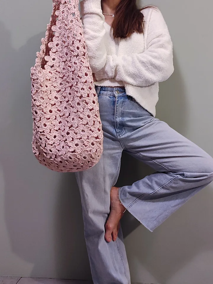 Pink Raffia Crochet Bag - Large Boho Purse for Women