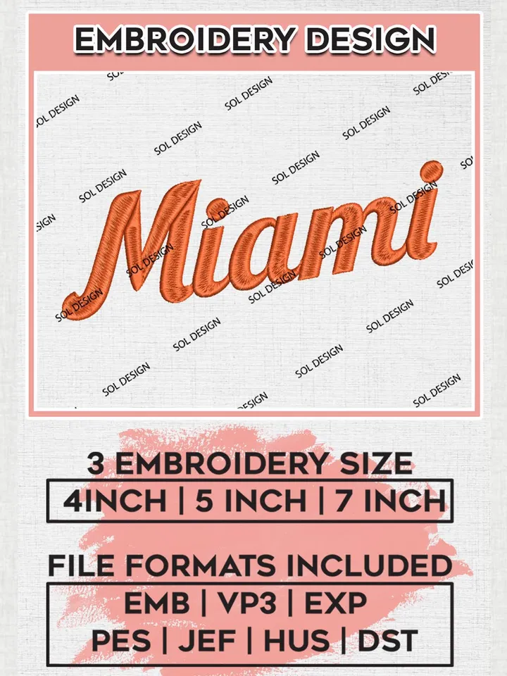NCAA Miami Team Writing Logo Embroidery Design Files, NCAA Miami Hurricanes Machine Embroidery, NCAA Teams, 3 sizes, NCAA Machine embroidery designs, Digital Download