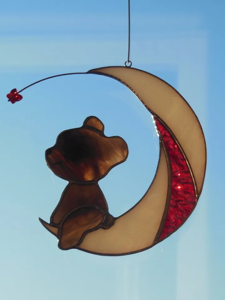 Bear on Moon with Butterfly . Swarovski Сrystal .  Stained glass window hanging Suncacher